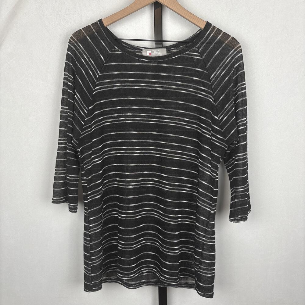 Tina Stephens Lightweight Sheer Sweater Womens Large Black White Stripes Classic
